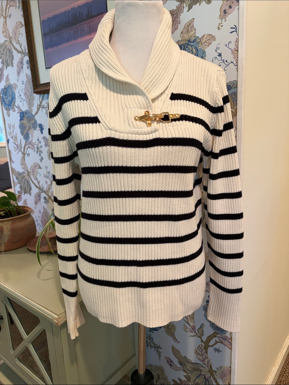 Ralph Lauren Striped Shawl Collar Sweater with Toggle Accent